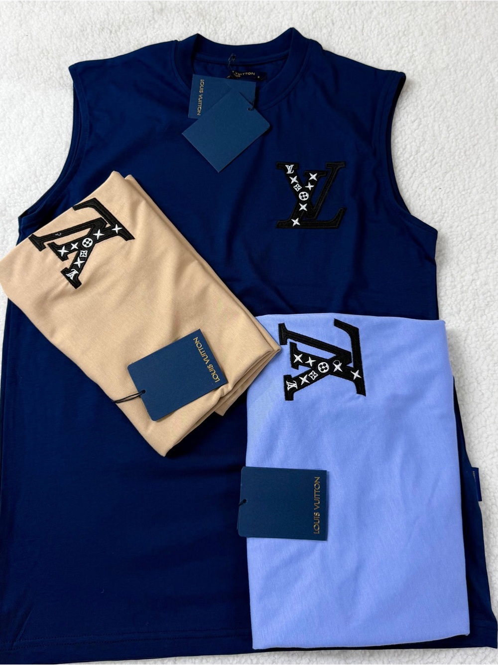 Louis Vuitton Sleeveless Monogram Tee Trio - Navy, Beige, Periwinkle